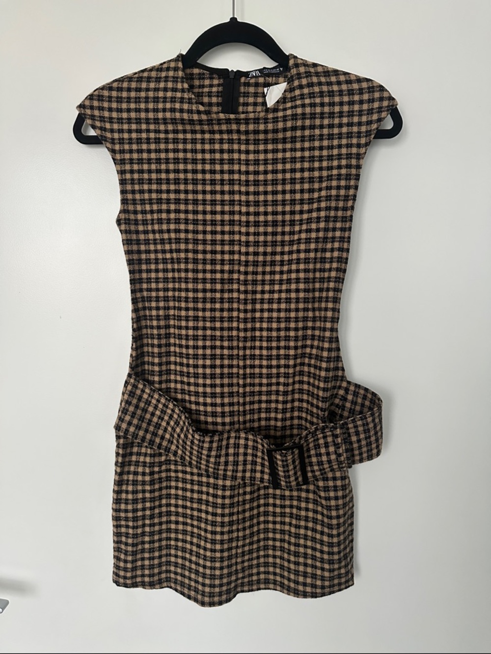 Zara Black and Tan Checked Sleeveless Mini Dress with Belt